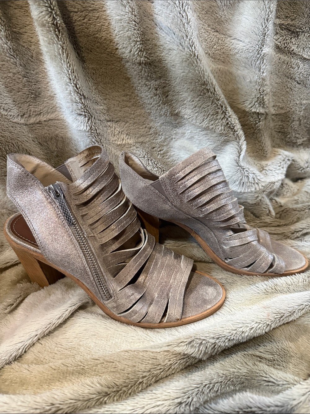 Donald J. Pliner Taupe Strappy Suede Block Heel Sandals